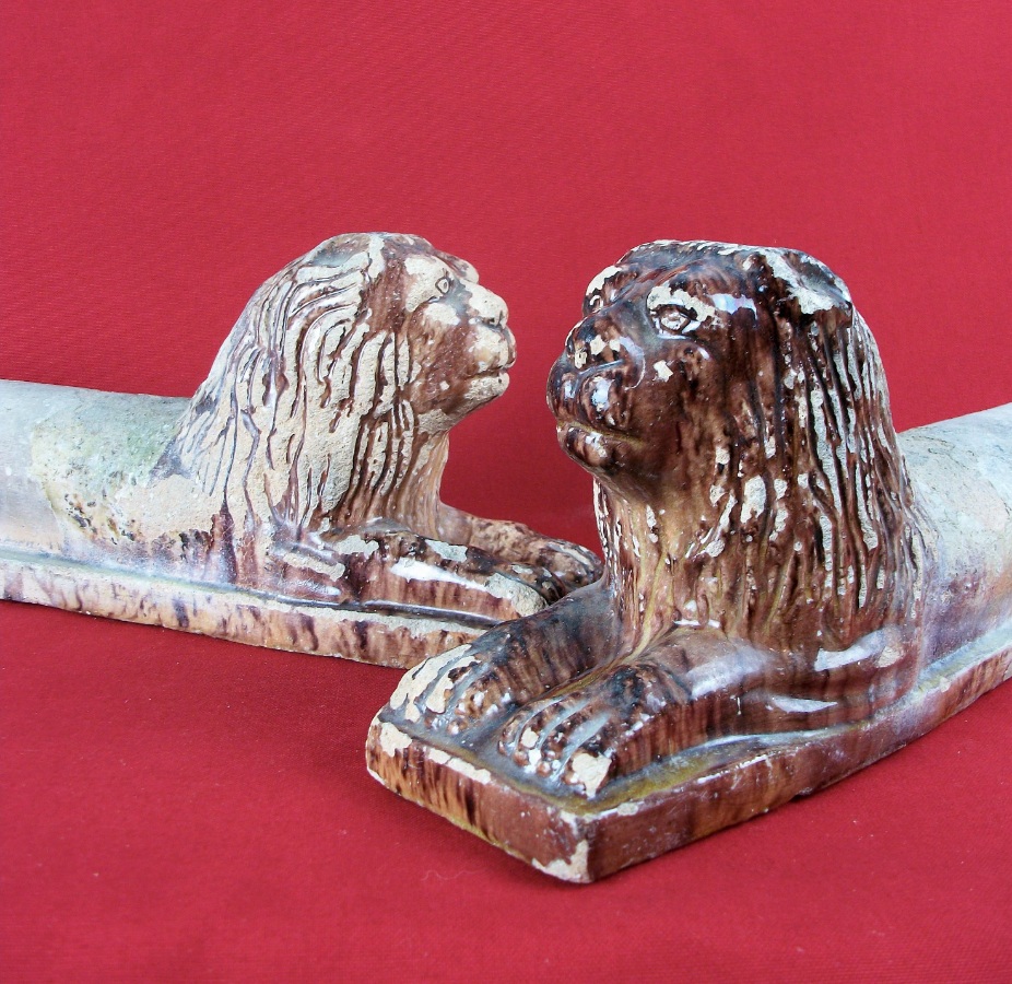 Pair of Antique Italian Terracotta Lions Firedogs
